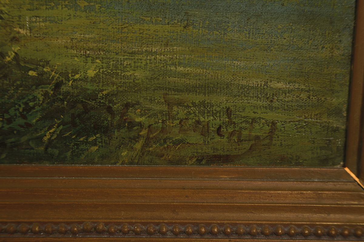 Detail a: Ungedeuteter Künstler des späten 19./frühen 20.Jh., stimmungsvolles Waldinterieur mit Hirschen, rechts unten unleserlich signiert, Öl/Lwd, mittig ...