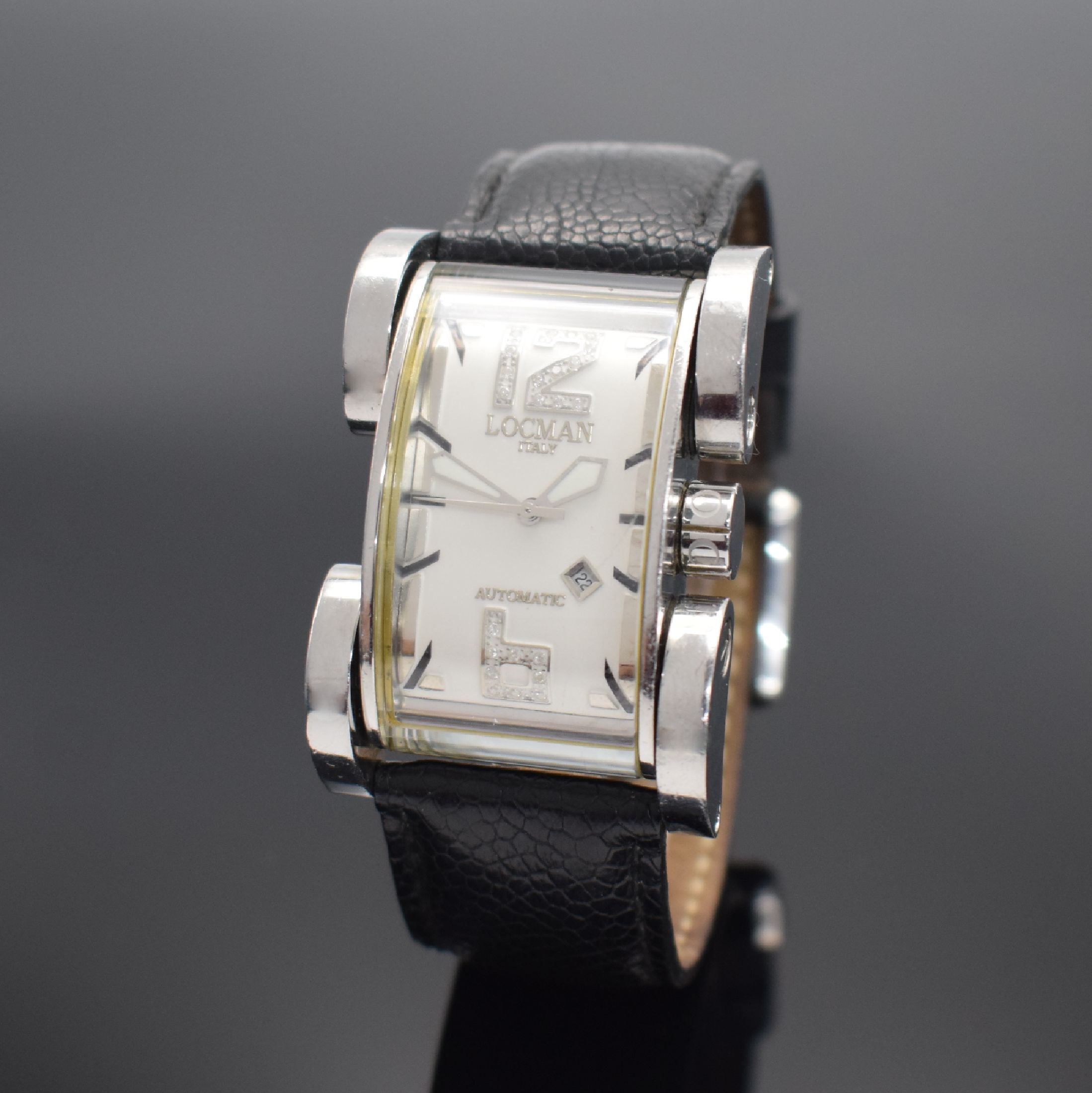 LOCMAN Latin Lover Armbanduhr in Stahl, Italien um 2005, Automatik, Ref. 501, großes rechteck. Geh. m. beweglichen Bandanstößen, Boden 4-fach ...