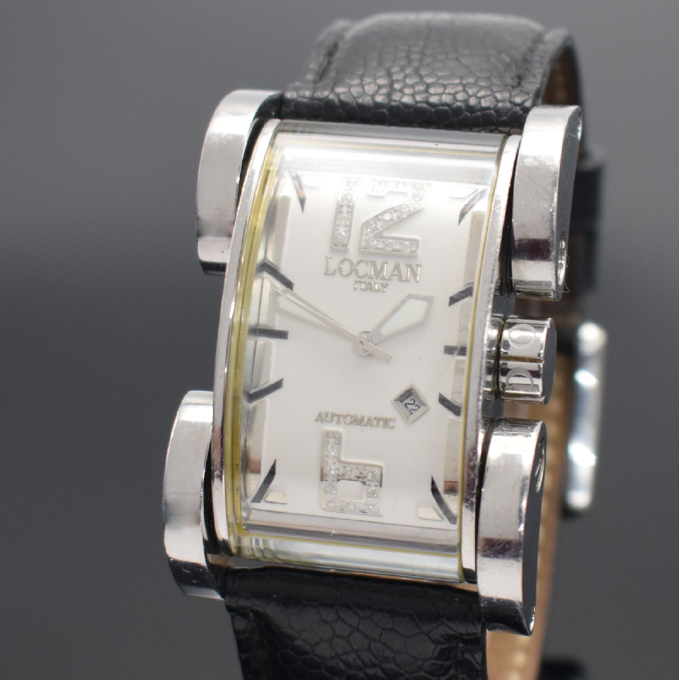 Detail a: LOCMAN Latin Lover Armbanduhr in Stahl, Italien um 2005, Automatik, Ref. 501, großes rechteck. Geh. m. beweglichen Bandanstößen, Boden 4-fach ...