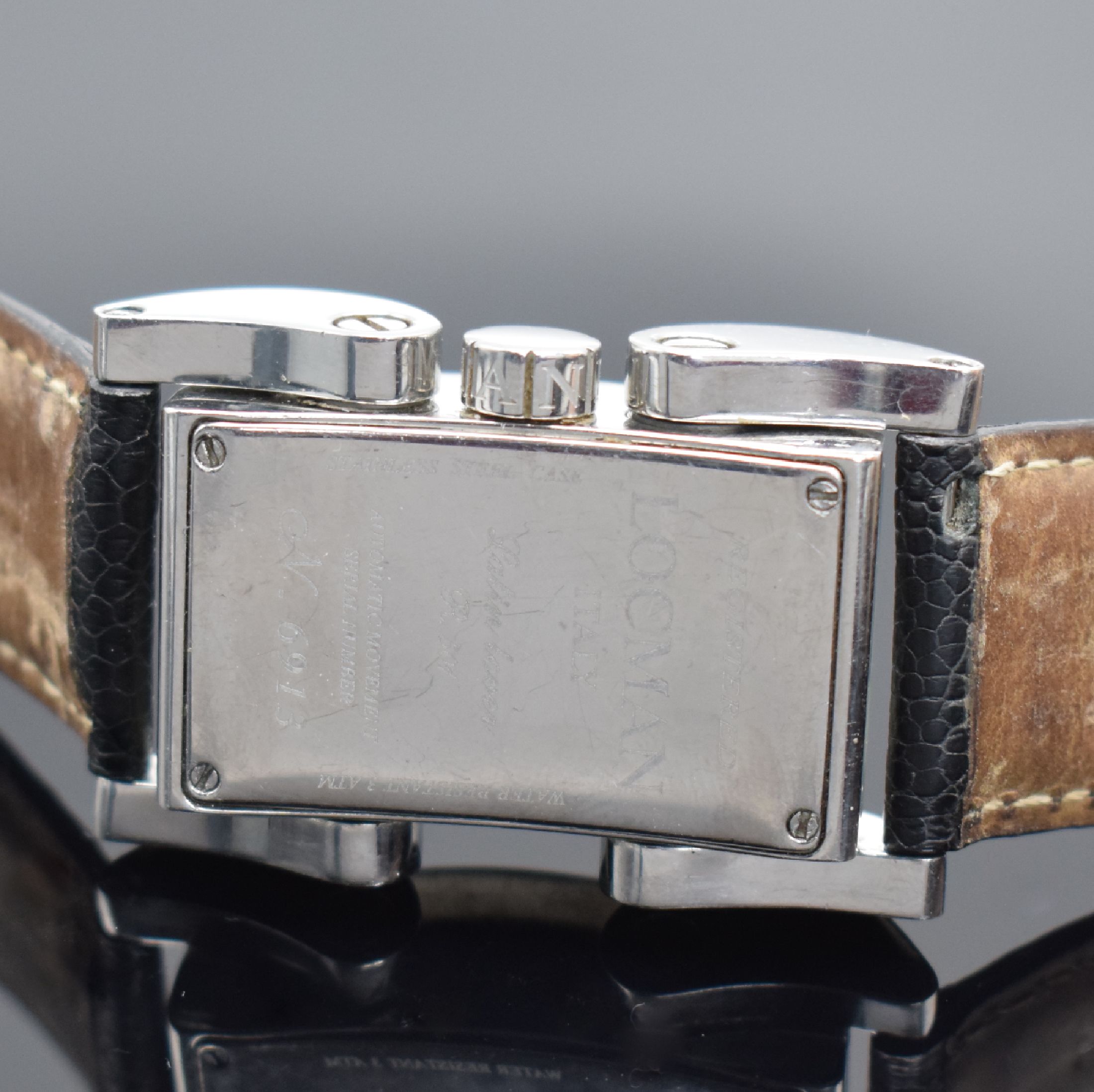 Detail d: LOCMAN Latin Lover Armbanduhr in Stahl, Italien um 2005, Automatik, Ref. 501, großes rechteck. Geh. m. beweglichen Bandanstößen, Boden 4-fach ...