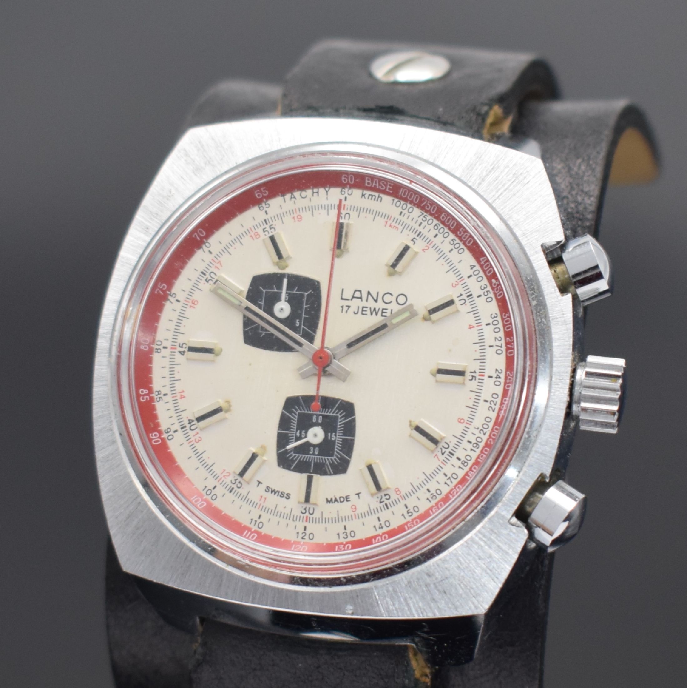 Detail a: LANCO Armbandchronograph, Schweiz um 1970, Handaufzug, verchr. Metallgeh., Edelstahlboden, silb. Zifferbl. m. silb. Std.-Ind. & Zeigern, 15 ...