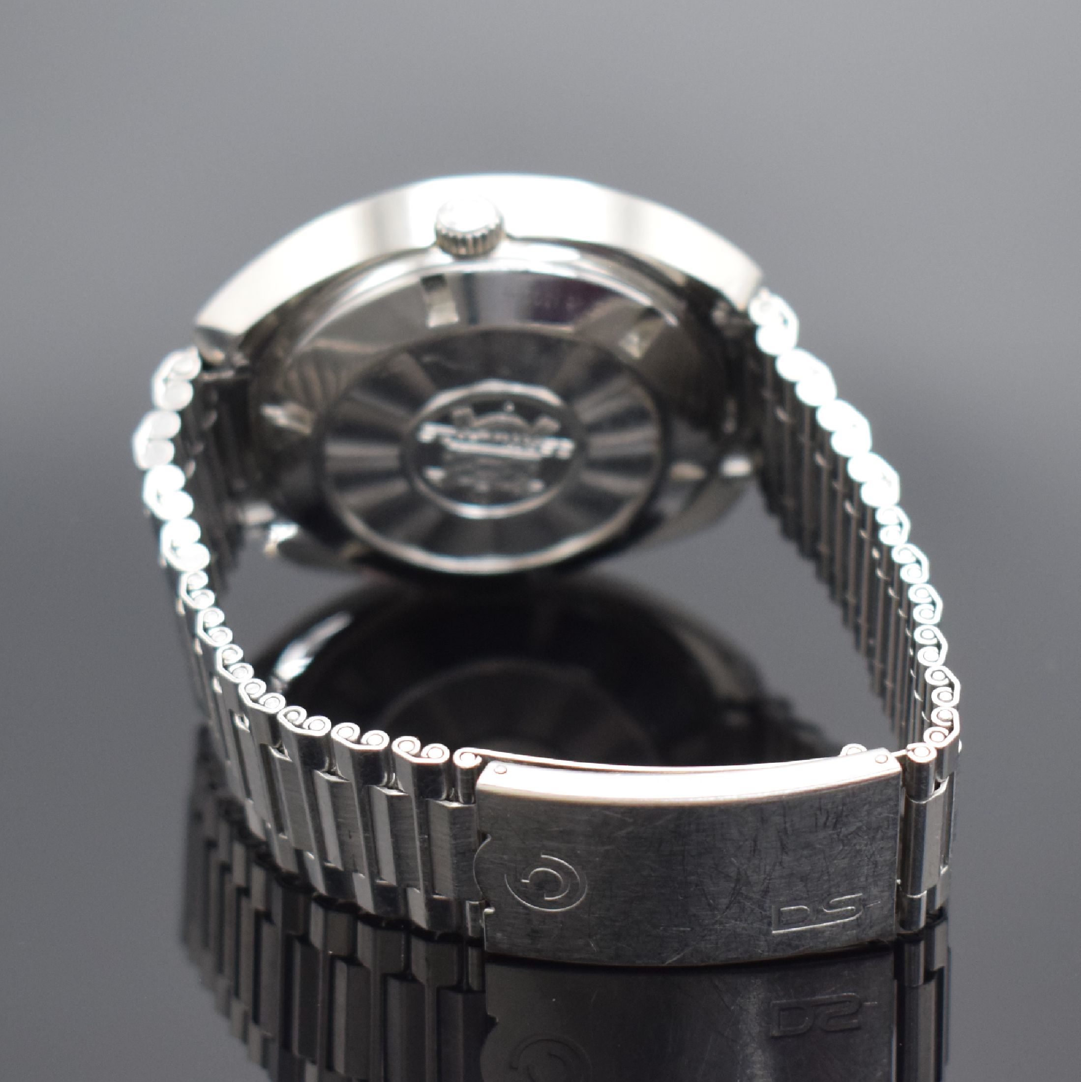 Detail b: CERTINA DS-2 C-Tronic Herrenarmbanduhr in Stahl, Schweiz um 1975, Stimmgabelschwinger, Boden verschr., orig. Stahlband m. Faltschl.,grau-braunes ...