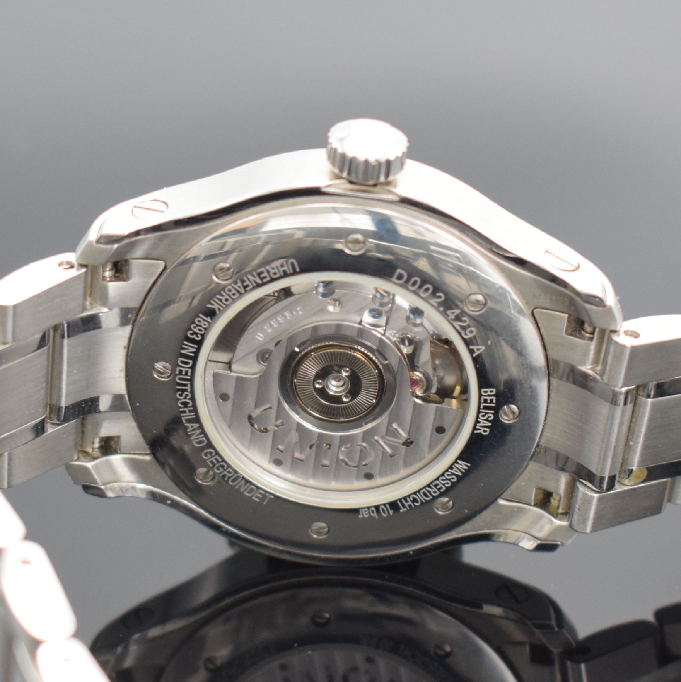 Detail d: UNION GLASHÜTTE/SA Belisar GMT Herrenarmbanduhr in Stahl Referenz D002.429 A, Deutschland um 2015, Automatik, beids. vergl. Geh., Boden 8-fach ...