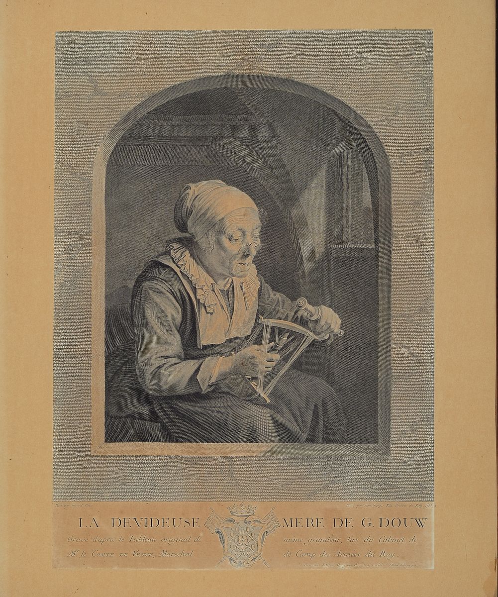 Johann Georg Wille 1715- 1808, "La Devideuse, Mére de G. Douw/La Liseuse", nach Gérard Dou (1755), Kupferstich, ca. 39 x 27 cm, l. ...