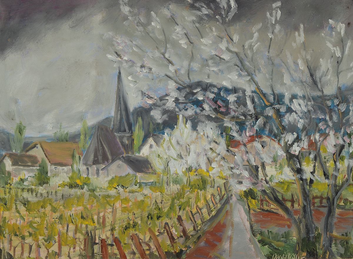 Oswald Müller, Pfälzer Maler des 20.Jh., Ansicht eines pfälzer Dorfes mit blühendem Bäumen, signiert, Öl/Platte, Rahmen, 53x71 cm