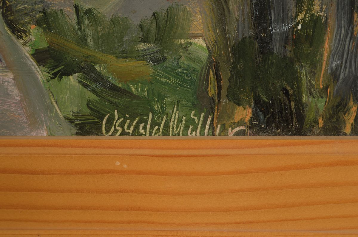 Detail a: Oswald Müller, Pfälzer Maler des 20.Jh., Ansicht eines pfälzer Dorfes mit blühendem Bäumen, signiert, Öl/Platte, Rahmen, 53x71 cm