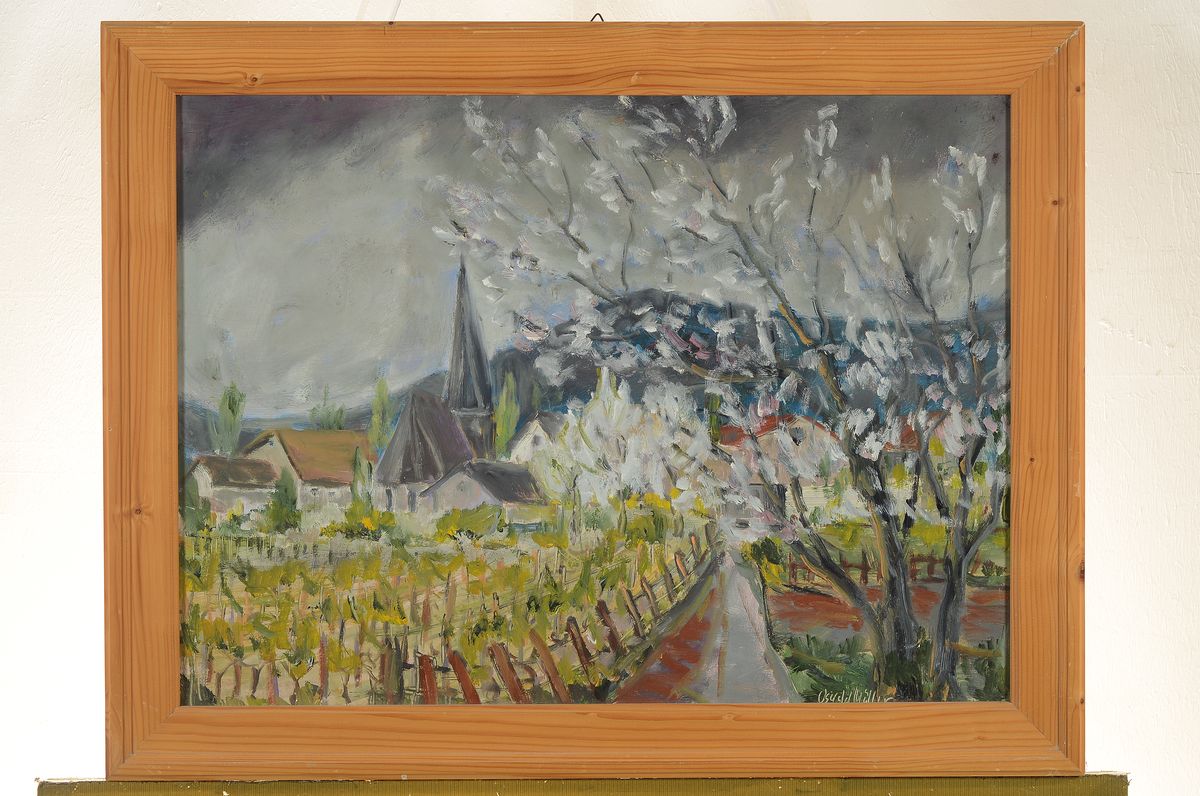 Detail k: Oswald Müller, Pfälzer Maler des 20.Jh., Ansicht eines pfälzer Dorfes mit blühendem Bäumen, signiert, Öl/Platte, Rahmen, 53x71 cm