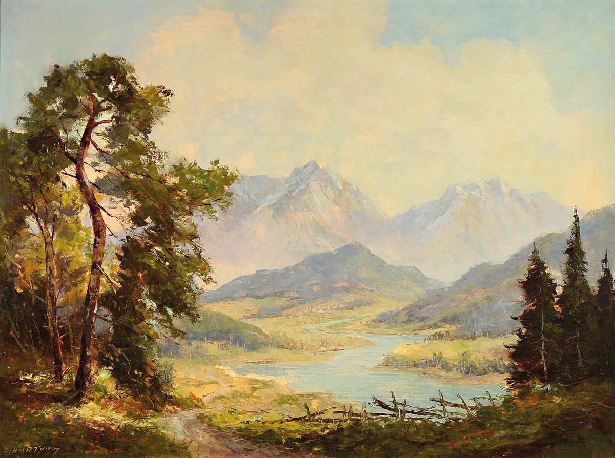 Clemens Heinrich Hartung, 1888 Düsseldorf - 1966 Koblenz, Studium an der Akademie Düsseldorf, komponierte Voralpenlandschaft, mäandernder Fluss ...