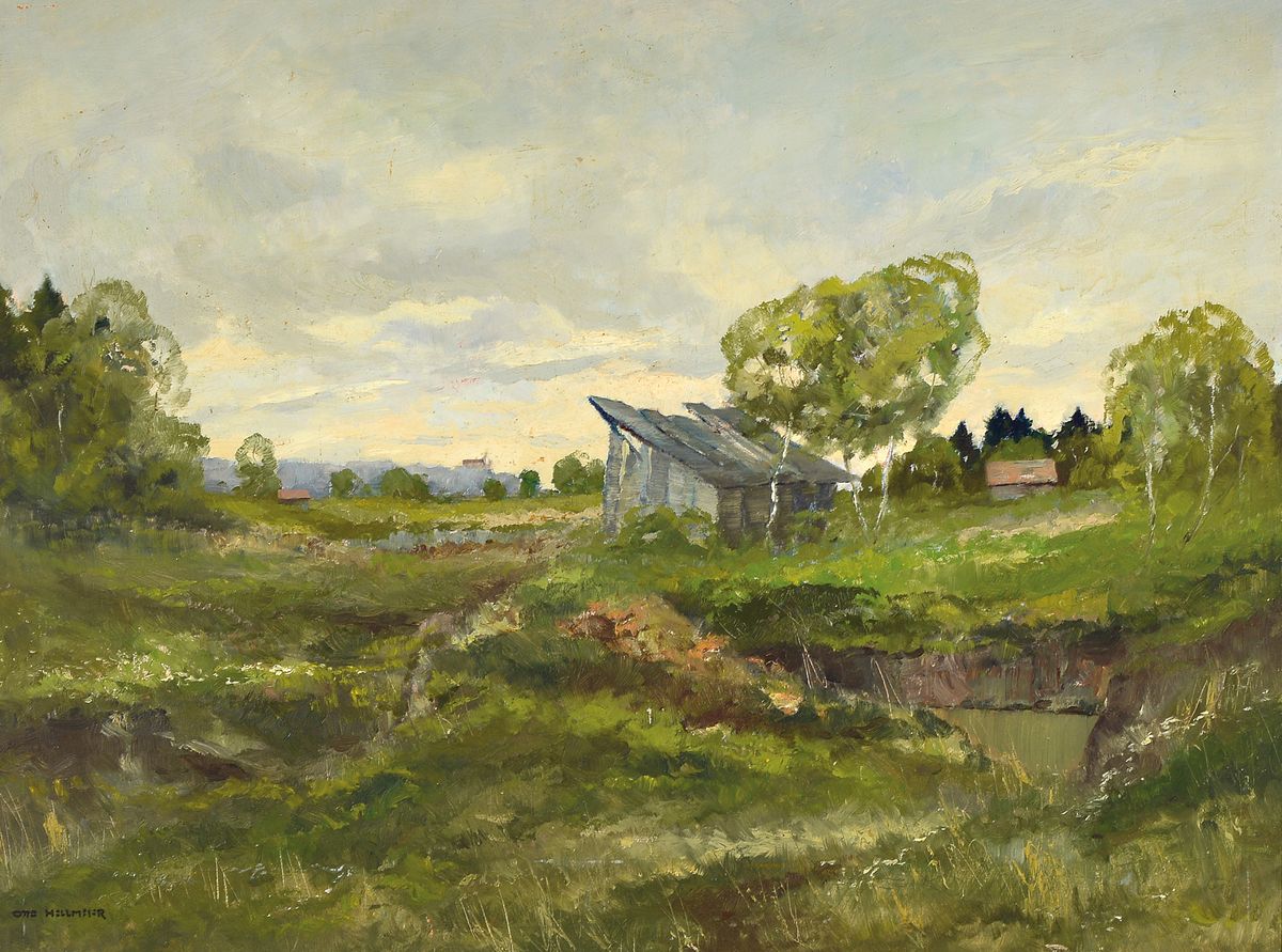 Otto Hellmeier, 1908 - 1996 Weilheim, wohl oberbayrische Landschaft unter bewölktem Himmel, signiert, Öl/Lwd, Rahmen, 84x100 cm