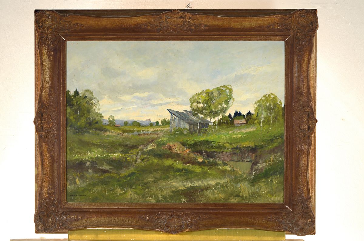 Detail k: Otto Hellmeier, 1908 - 1996 Weilheim, wohl oberbayrische Landschaft unter bewölktem Himmel, signiert, Öl/Lwd, Rahmen, 84x100 cm