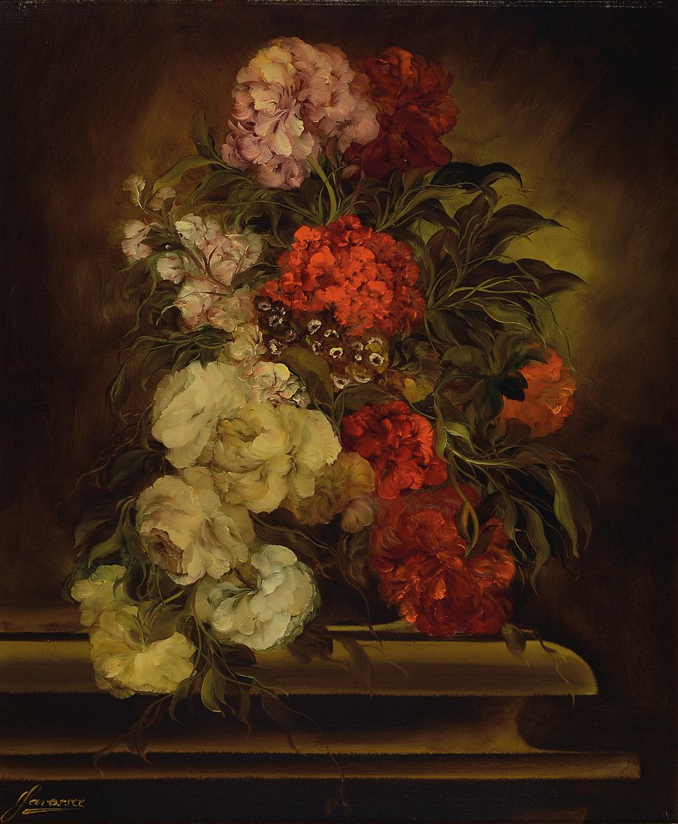 Heinrich Garossa, geb. 1902 Zürich, schweizer Stilllebenmaler, Blumenstillleben mit roten und weißen Päonien, signiert, Öl/Lwd, Prunkrahmen, ...