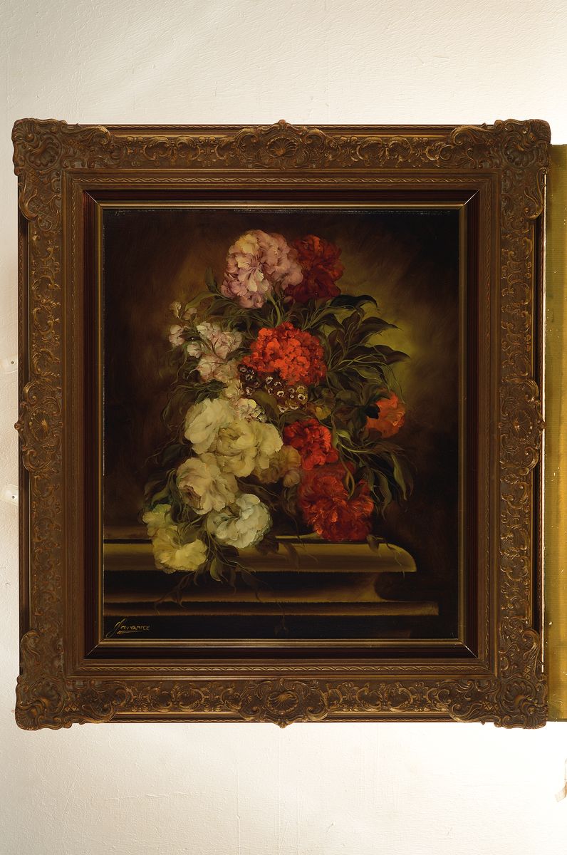 Detail k: Heinrich Garossa, geb. 1902 Zürich, schweizer Stilllebenmaler, Blumenstillleben mit roten und weißen Päonien, signiert, Öl/Lwd, Prunkrahmen, ...