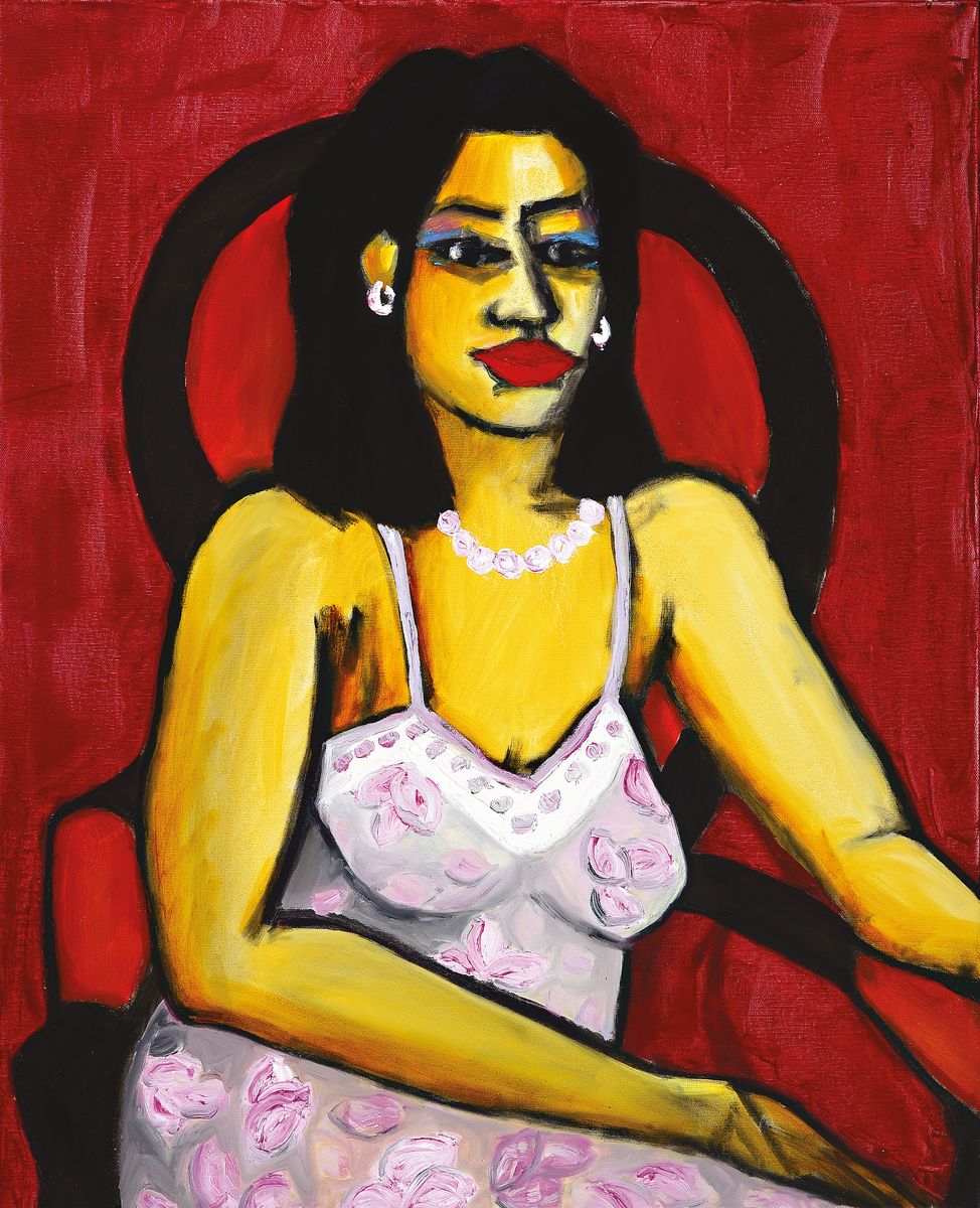 Gernot Kissel, 1939-2008 Worms, Bildnis einer sitzenden Dame auf rotem Grund, unsigniert, Öl/Lwd, 80x65 cm, Provenienz: Nachlass Kissel