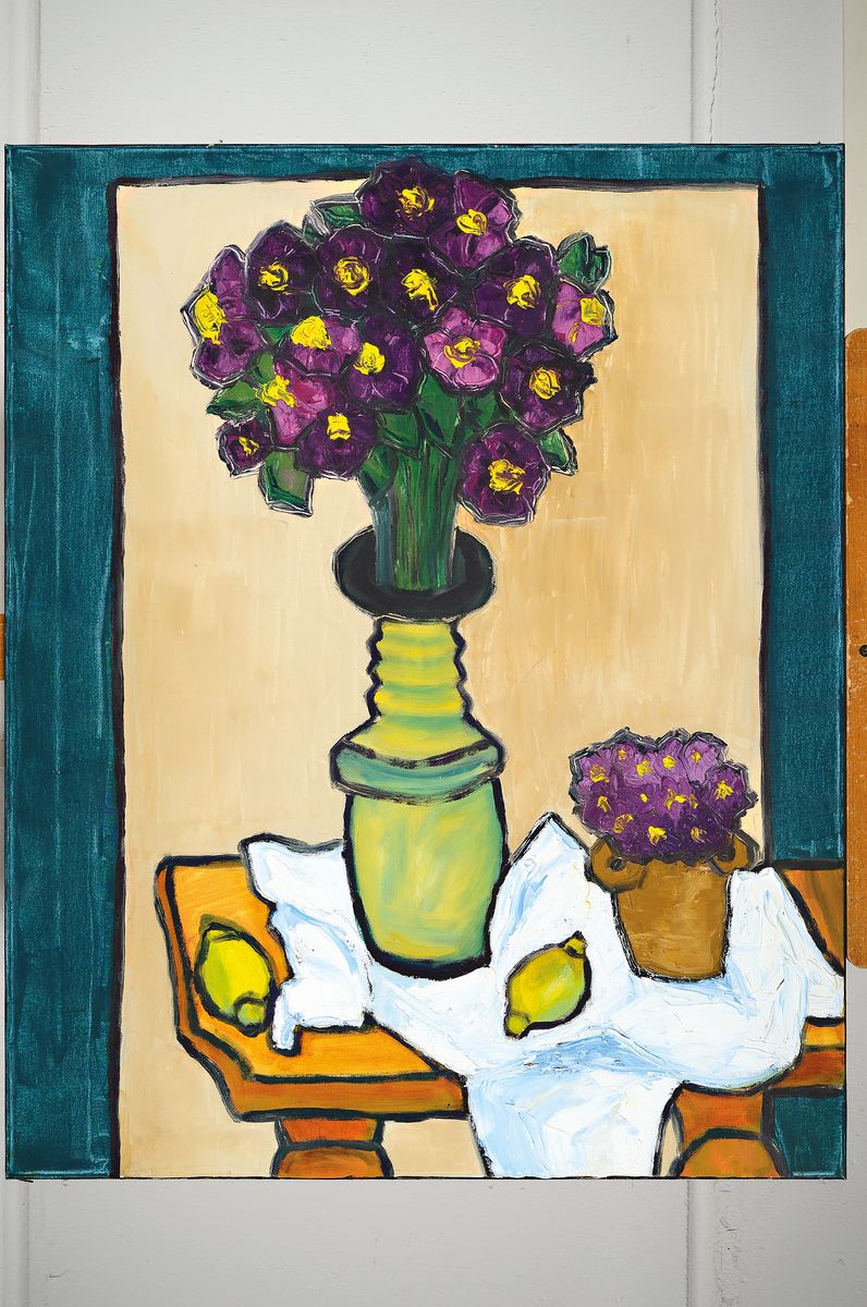 Detail k: Gernot Kissel, 1939-2008 Worms, Stillleben mit zwei Blumenvasen auf einem Tisch, pastos gespachtelter Farbauftrag, unsigniert, Öl/Lwd, 80x65 cm, ...