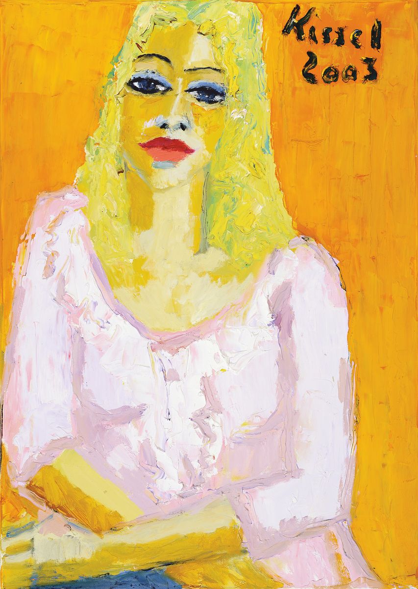 Gernot Kissel, 1939-2008 Worms, Porträt einer blonden Dame auf orangefarbenem Grund, signiert und datiert 2003, Öl/Lwd, 70x50 cm