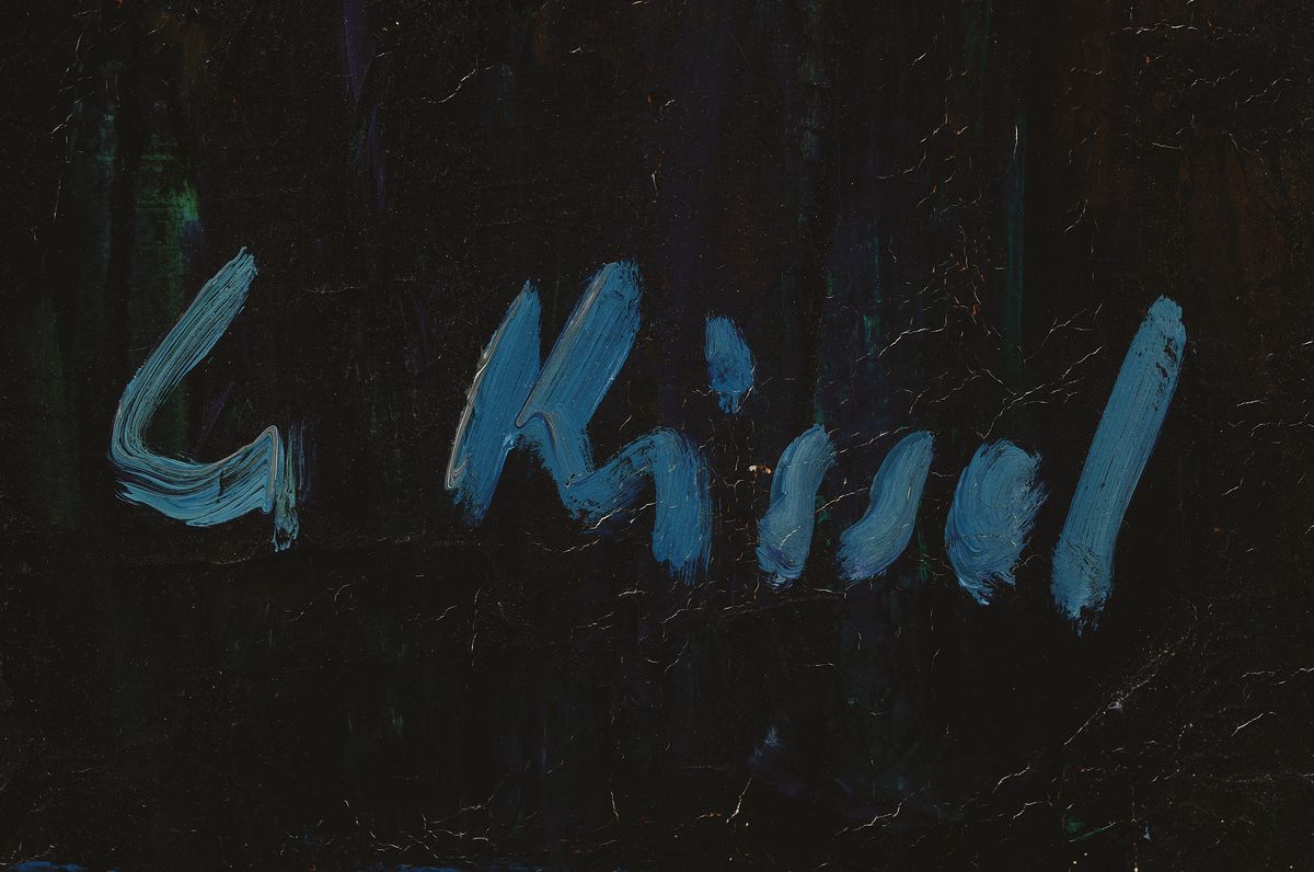 Detail a: Gernot Kissel, 1938-2008 Worms, Blumenstillleben mit leuchtend violetten Blüten auf schwarzem Grund, signiert, Öl/Lwd, Rahmen, 86x70 cm, ...