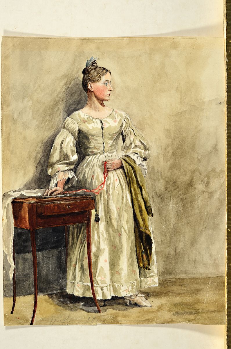 Detail k: Ungedeuteter Künstler der Mitte des 20.Jh., Aquarell, historisierendes Bildnis einer Dame am Nähtisch um 1830, unten unleserlich signiert, 30x23 cm