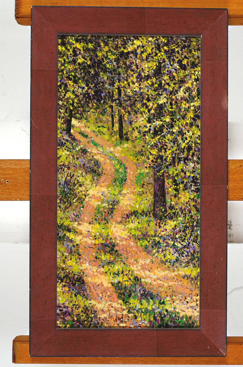 Detail k: Theo Jacobi, geb. 1953 Dockendorf/Eifel, Studium an der Hochschule für Bildende Kunst Braunschweig, Waldweg mit impressiver Lichtpunktsetzung, ...