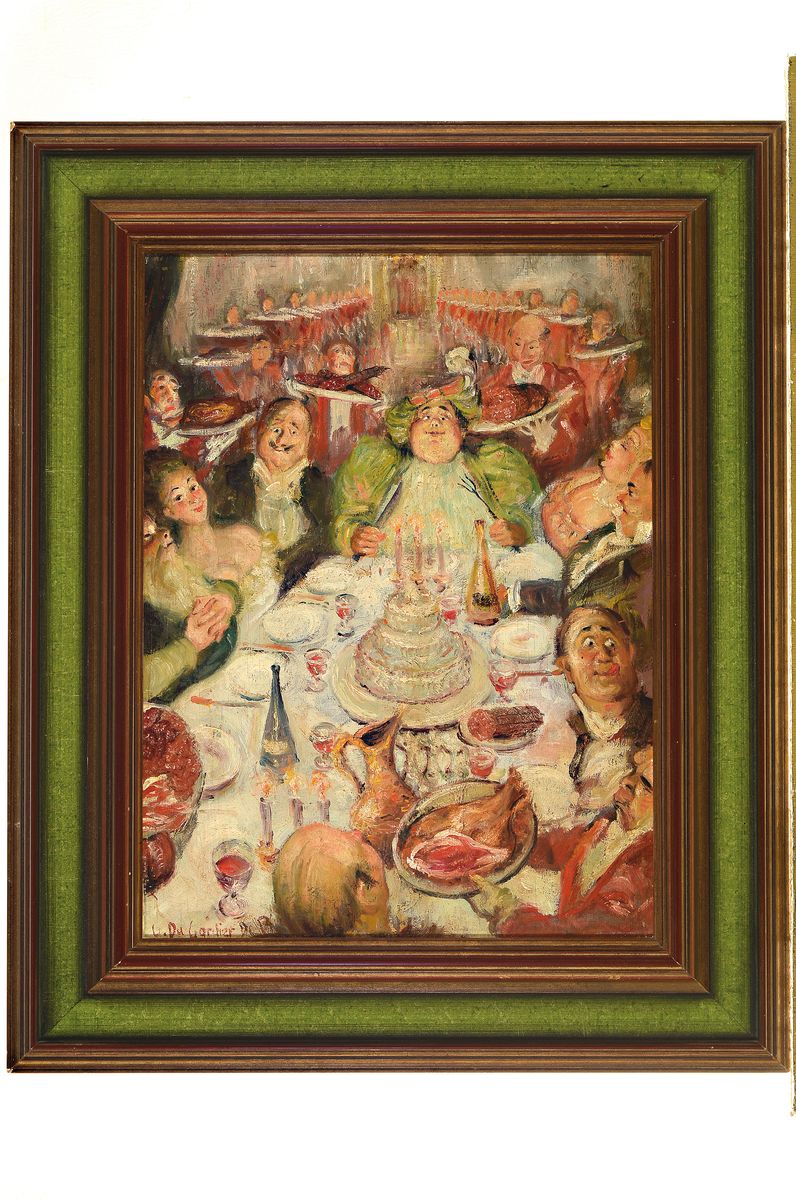 Detail k: Du Gardie de B..., ungedeuteter Künstler des 20.Jh., wohl 20er Jahre, ausgelassene Gesellschaft zu Tisch, "Das große Fressen", links ...