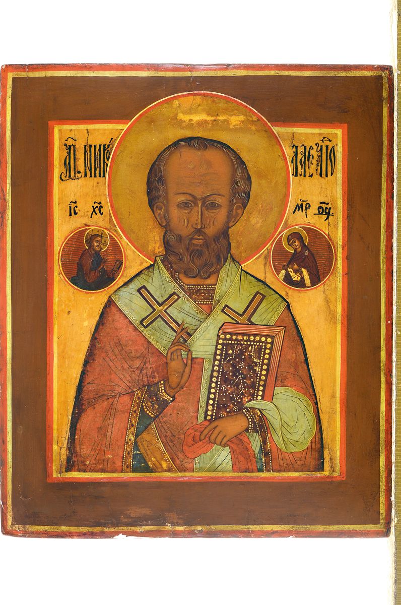Detail k: Ikone, Russland, um 1900, Hl. Nikolaus, Tempera auf Holz, vertieftes Mittelfeld, ca. 31x26cm