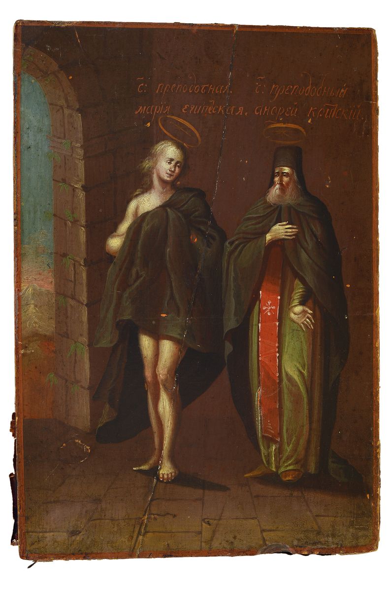 Kleine Ikone, Russland, um 1900, Tempera auf Holz, Heiliger mit Patriarch, Längsriss, ca. 18x12.5cm