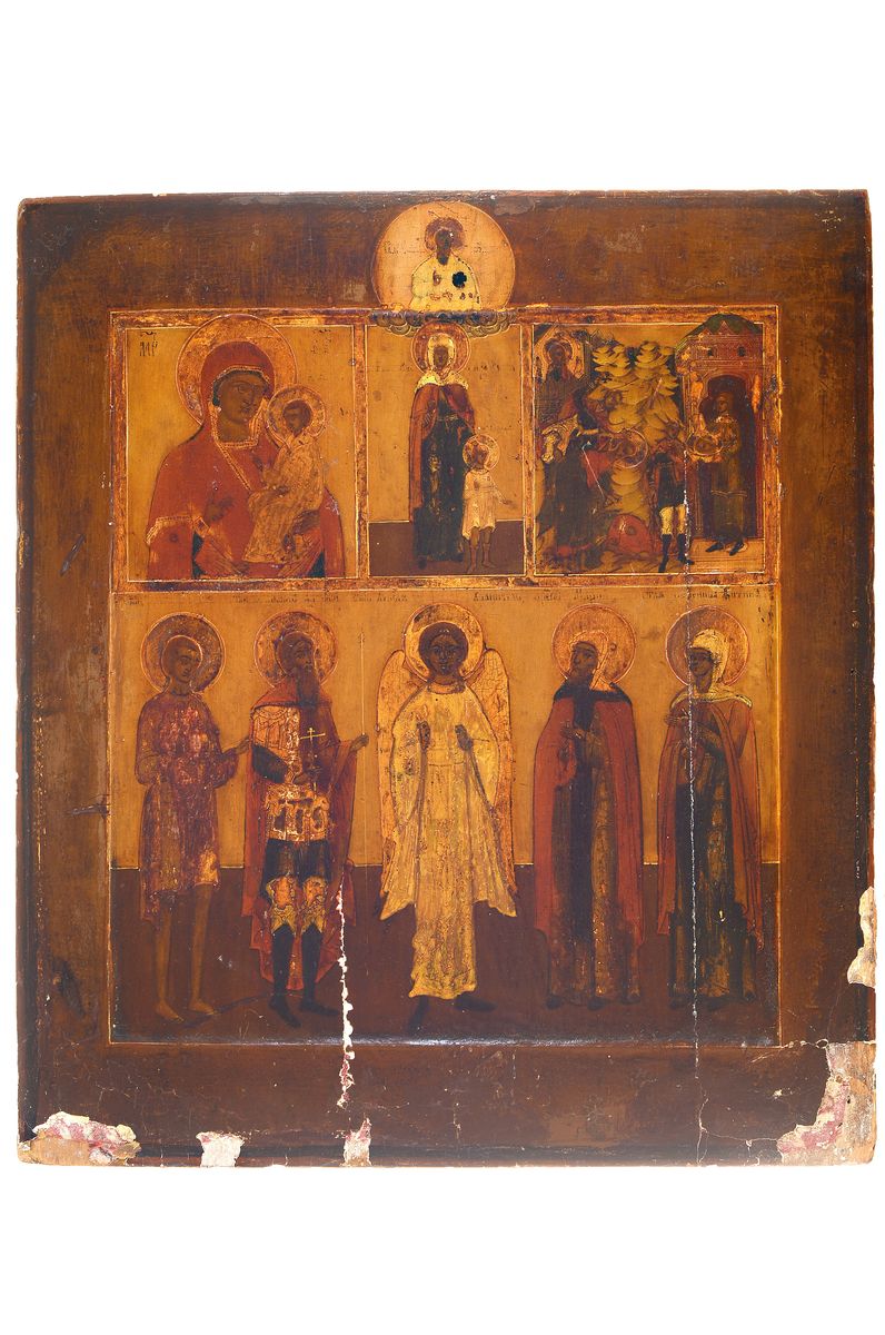 Ikone, Russland, um 1830, vier Felder unter Mandylion, Tempera auf Holz, mit altersbedingten Oberflächenschäden, ca. 35x30cm