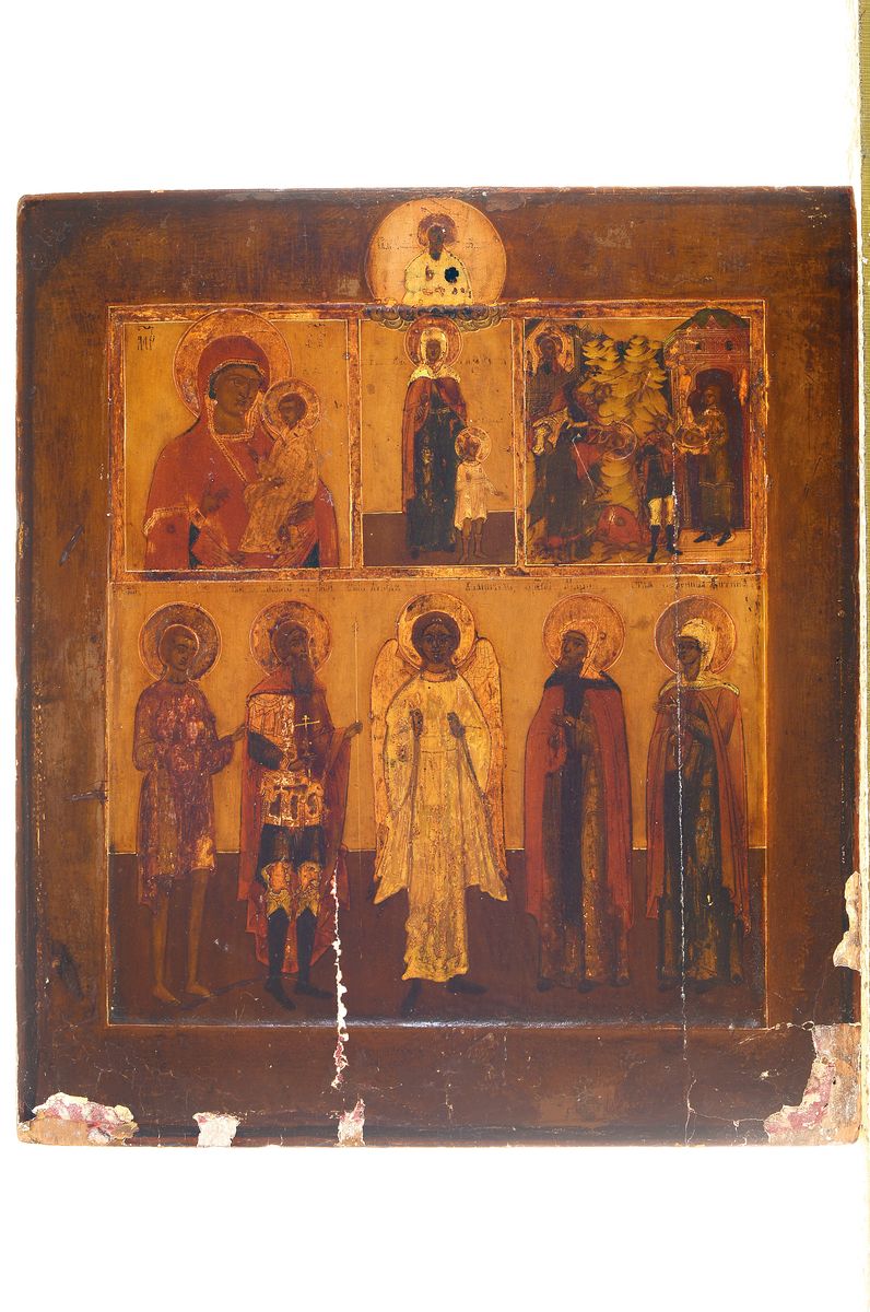 Detail k: Ikone, Russland, um 1830, vier Felder unter Mandylion, Tempera auf Holz, mit altersbedingten Oberflächenschäden, ca. 35x30cm
