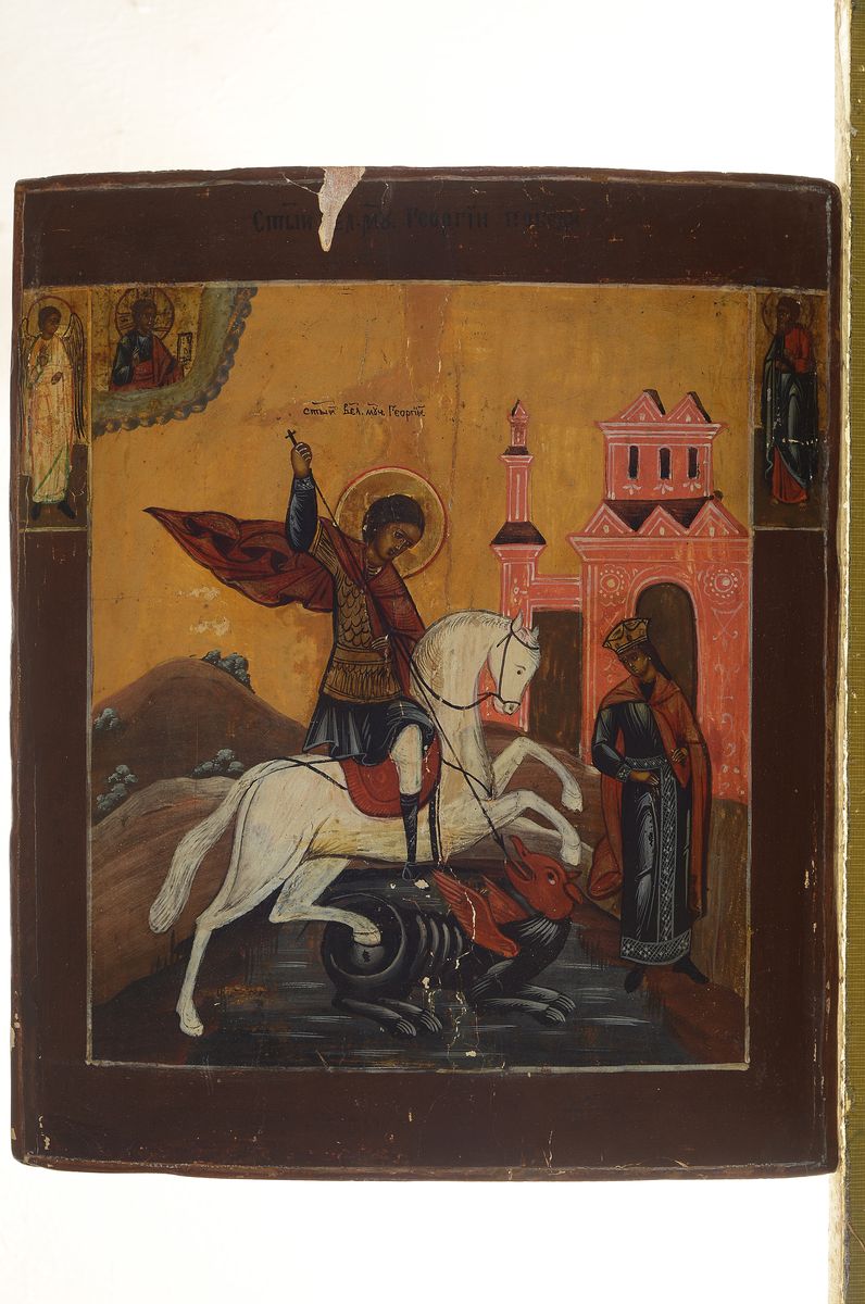 Detail k: Ikone, Russland, 2. Hälfte 19. Jh., Hl. Georg der Drachentöter, Tempera auf Holz, 2 Randheilige, Oberflächenschäden, ca. 31x25.5cm
