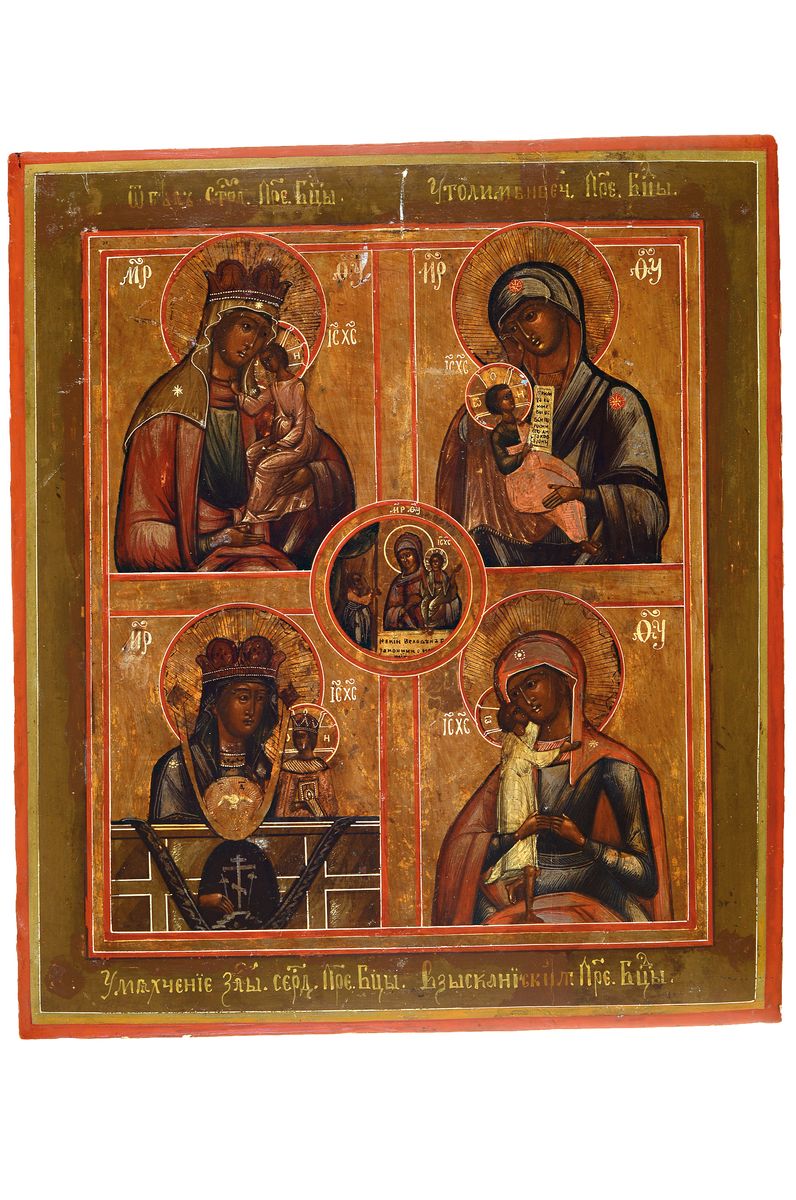 Ikone, Russland, 19. Jh., fünf Feder mit verschiedenen Darstellungen der Gottesmutter, Tempera auf Holz, ca. 35x31cm