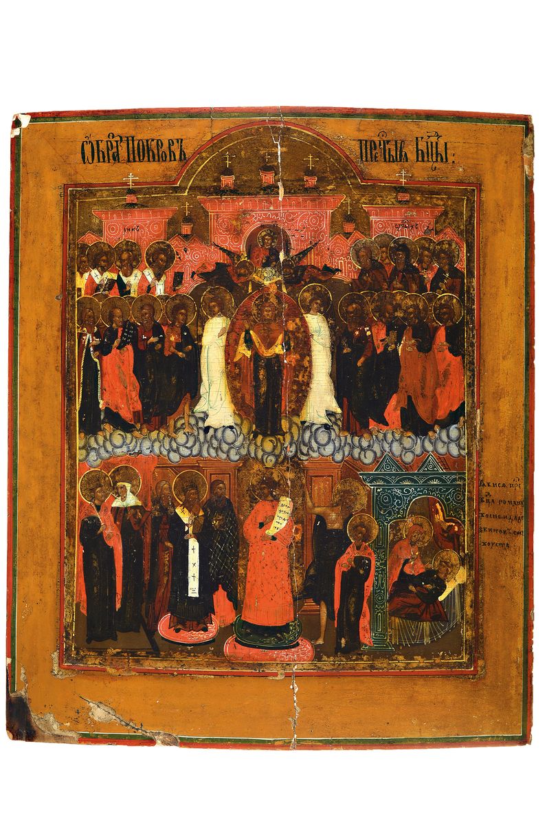 Ikone, Russland, 2. Hälfte 18. Jh., Gottesmutter Pokrov, Tempera auf Holz, vertieftes Mittelfeld, Längsriss, Alters- und Gebr.-spuren, ca. 44x37cm