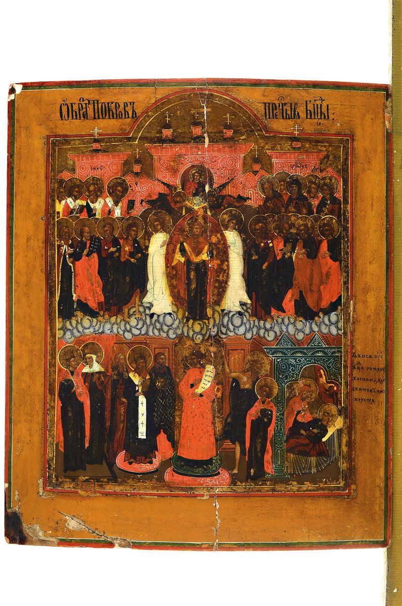 Detail k: Ikone, Russland, 2. Hälfte 18. Jh., Gottesmutter Pokrov, Tempera auf Holz, vertieftes Mittelfeld, Längsriss, Alters- und Gebr.-spuren, ca. 44x37cm