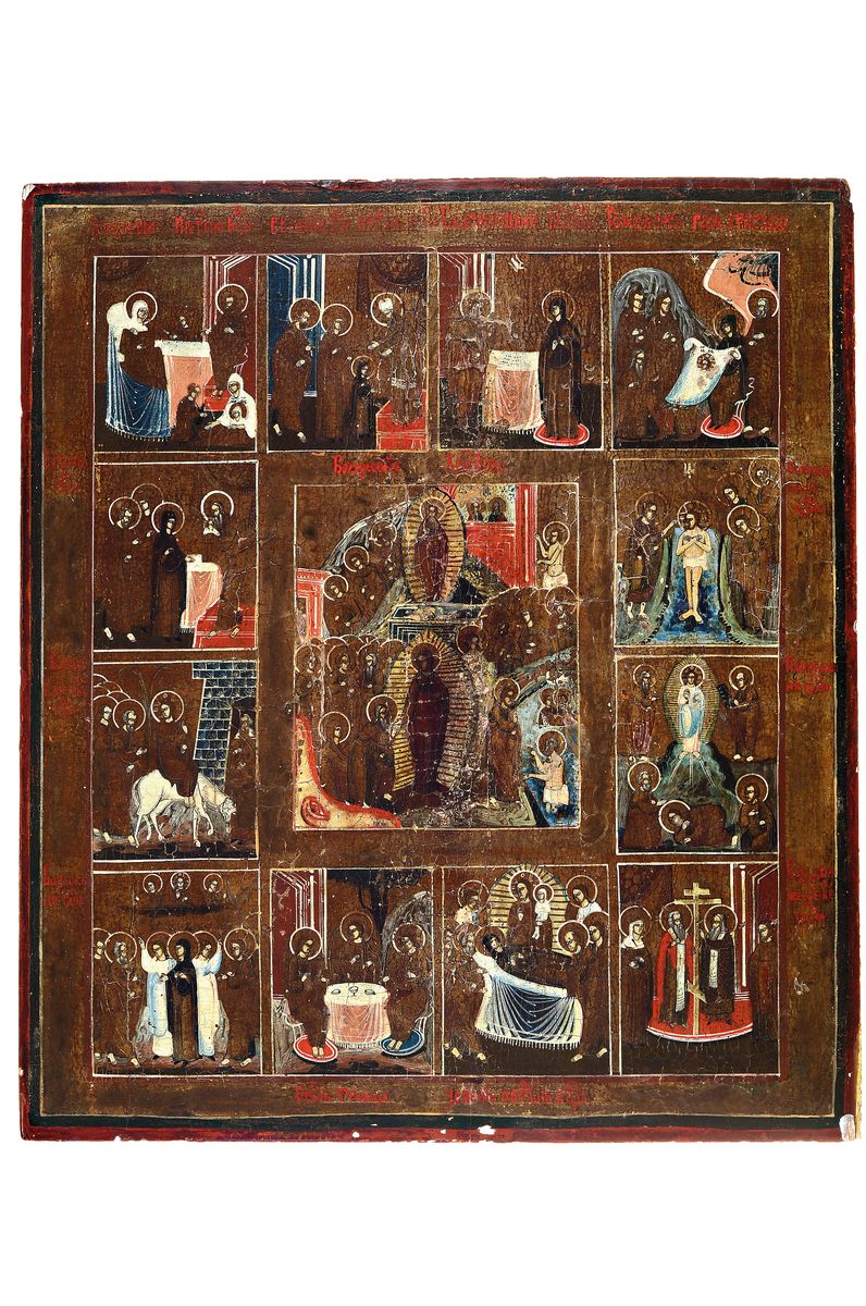 Festtagsikone, Russland, 19. Jh., Auferstehung mit zwölf Vitaszenen, Tempera auf Holz, altersbedingte Farbaufwerfungen, ca. 45x39cm