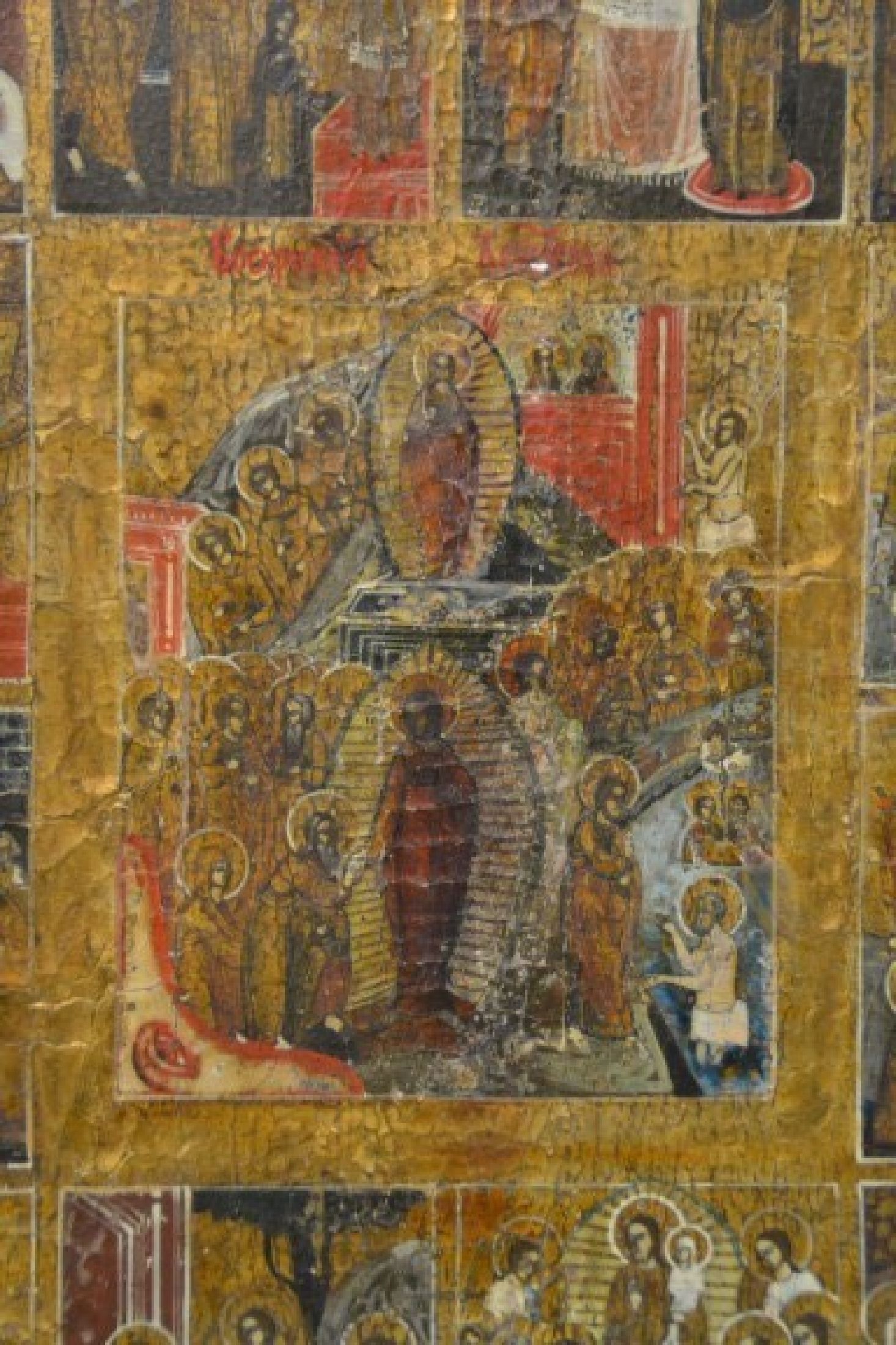 Detail b: Festtagsikone, Russland, 19. Jh., Auferstehung mit zwölf Vitaszenen, Tempera auf Holz, altersbedingte Farbaufwerfungen, ca. 45x39cm