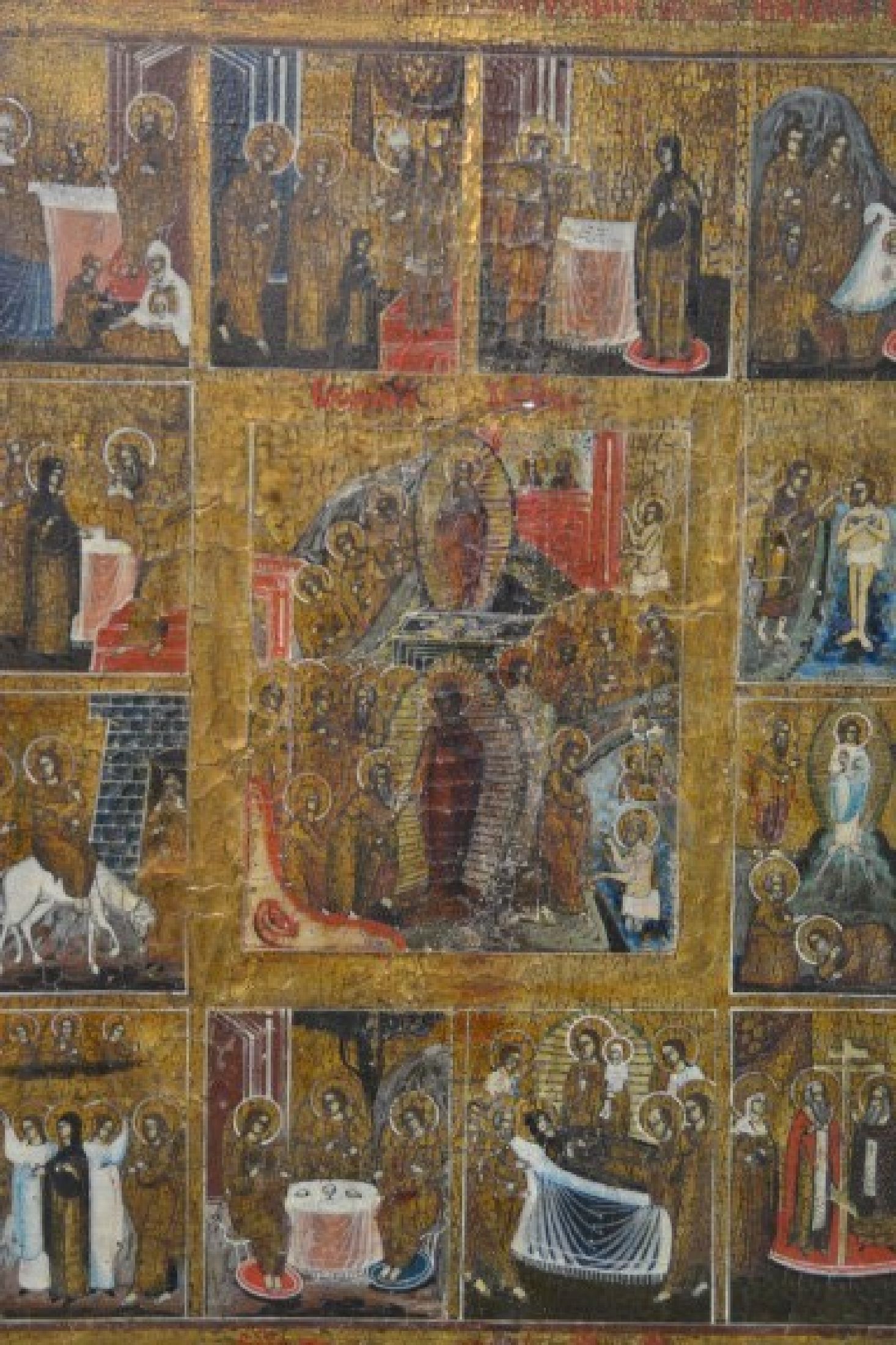 Detail c: Festtagsikone, Russland, 19. Jh., Auferstehung mit zwölf Vitaszenen, Tempera auf Holz, altersbedingte Farbaufwerfungen, ca. 45x39cm