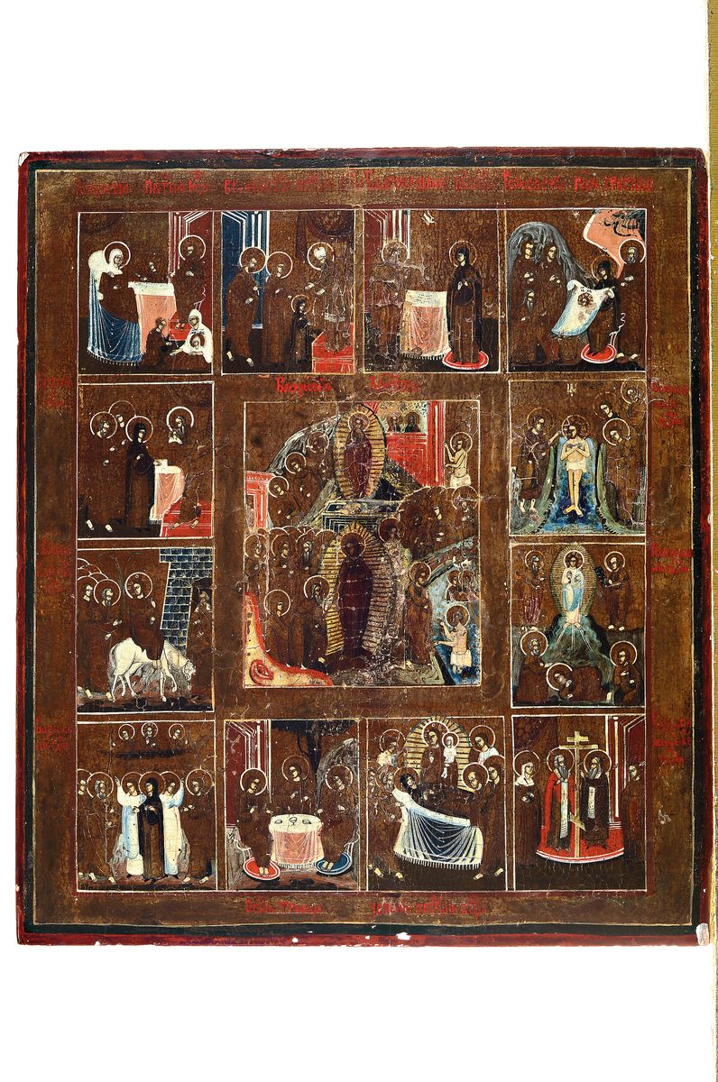 Detail k: Festtagsikone, Russland, 19. Jh., Auferstehung mit zwölf Vitaszenen, Tempera auf Holz, altersbedingte Farbaufwerfungen, ca. 45x39cm