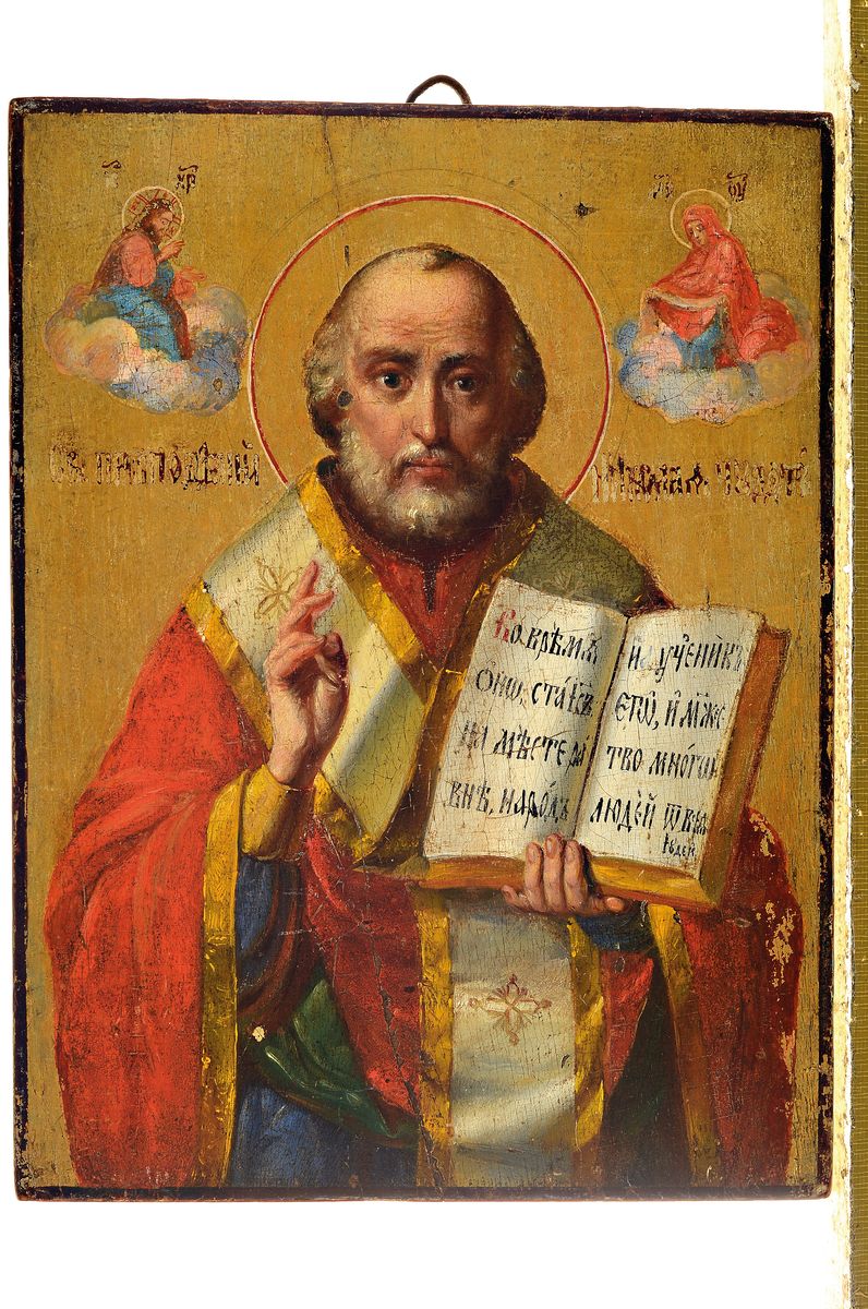 Detail l: Drei Ikonen, Russland, 2. Hälfte 19 Jh. bis um 1910, Tempera auf Holz, 1x Hl. Nikolaus, ca. 26x20cm, 1x 5 Heiligem Goldgrund, ca. 31x 26cm; ...