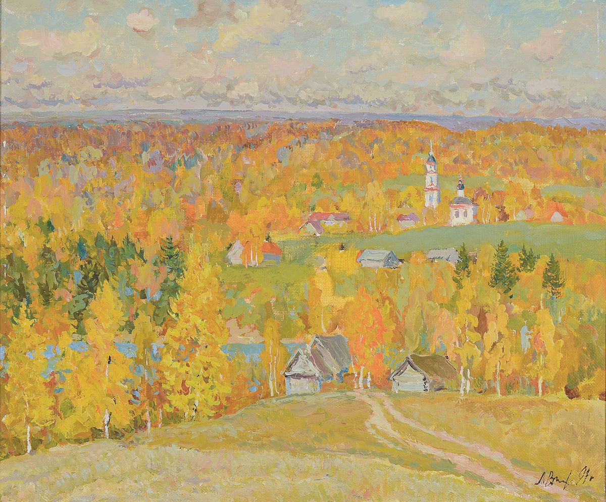 Leonid Nikolaevich Vinogradov, 1938 - 2021 Shashki/Kostroma Russland, Studium am Kostroma Art College, Ansicht des herbstlichen Romanovo im Bezirk ...