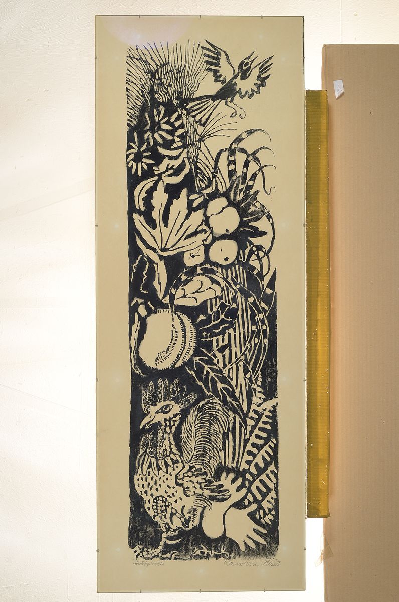 Detail k: Werner vom Scheidt, 1894 Großblittersdorf-1983 Bad Bergzabern, Holzschnitt, "Herbstgedicht", signiert u. bez., unter Glas gerahmt, ...