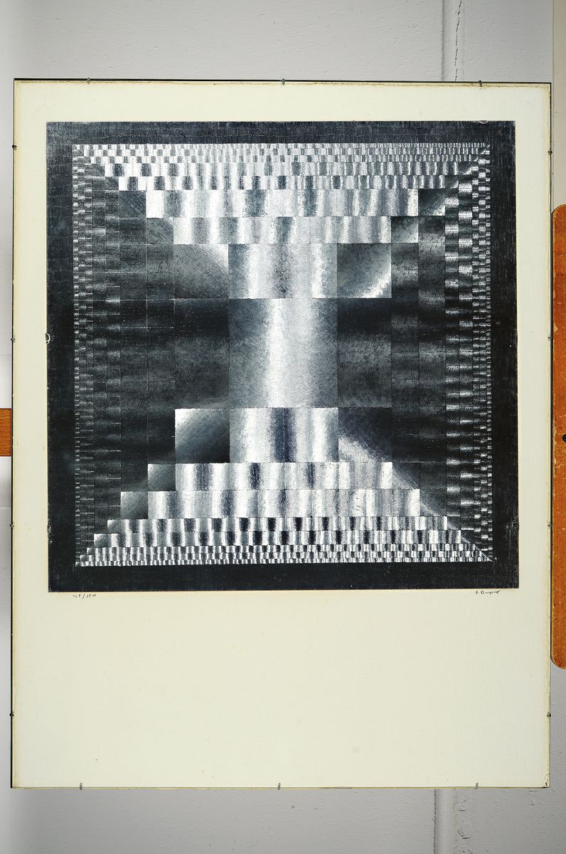 Detail k: Patrick Dupre, geb. 1945 Paris, Gravur -Reproduktion auf Aluminiumfolie, kinetische/Op-Art Komposition, Ed. 45/150, handsigniert, unter Glas gerahmt, ...