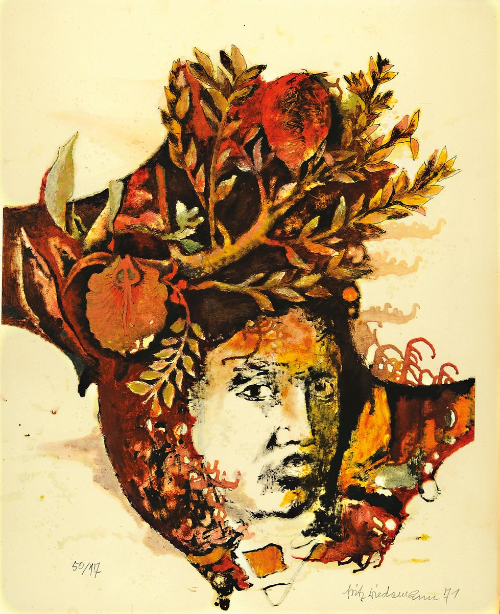Fritz Wiedemann, 1920 Mußbach - 1987 Landau,Lithographie, Frauenporträt mit herbstlich floraler Rahmung, Ed. 17/50, signiert und datiert 1971, ...