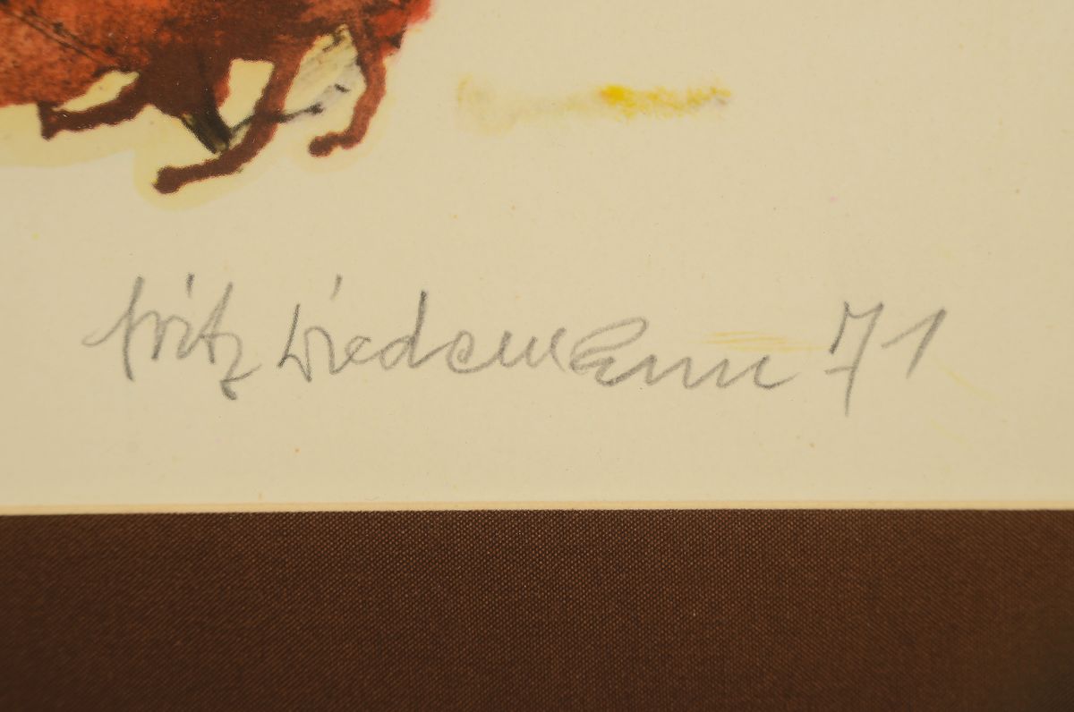 Detail a: Fritz Wiedemann, 1920 Mußbach - 1987 Landau,Lithographie, Frauenporträt mit herbstlich floraler Rahmung, Ed. 17/50, signiert und datiert 1971, ...