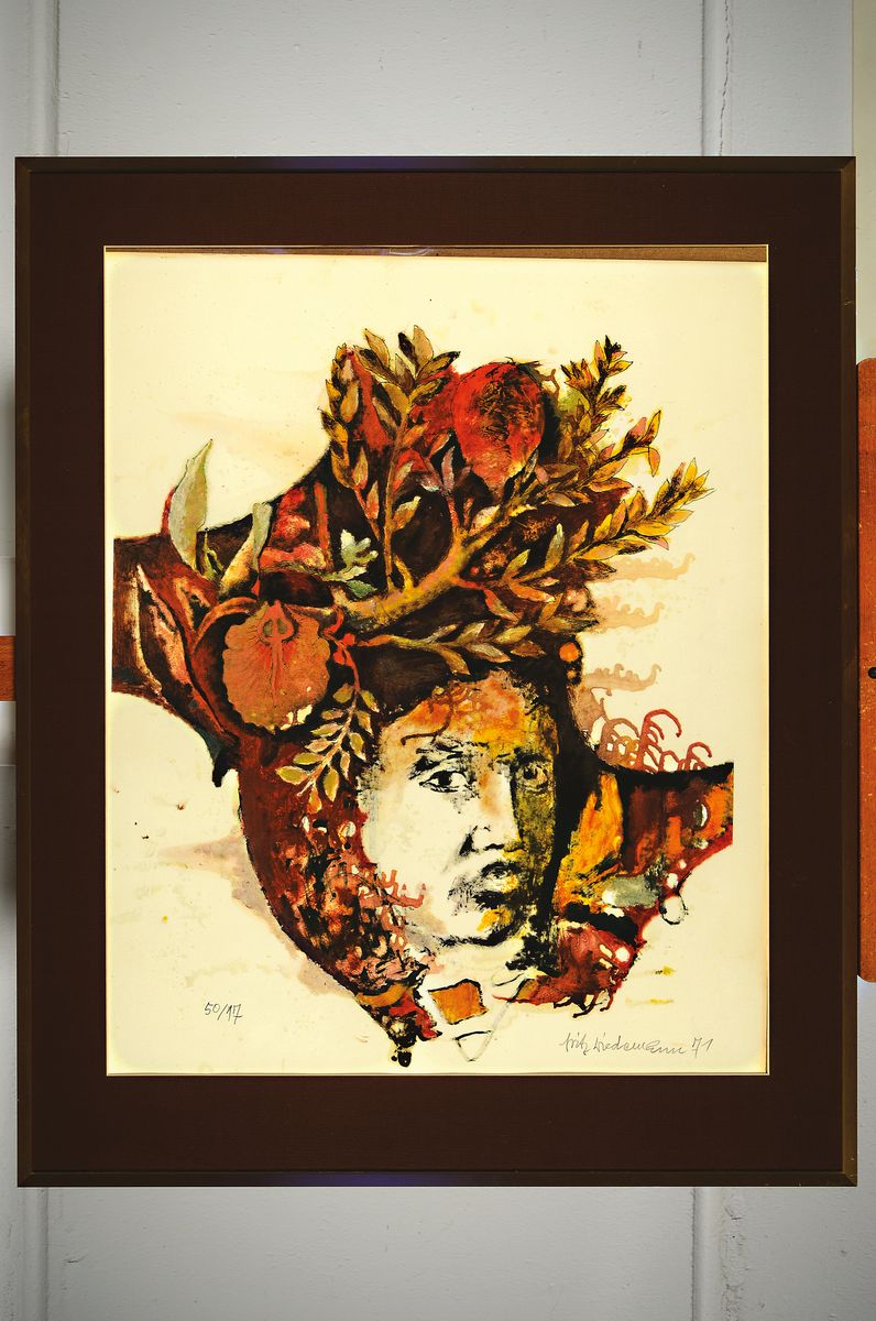 Detail k: Fritz Wiedemann, 1920 Mußbach - 1987 Landau,Lithographie, Frauenporträt mit herbstlich floraler Rahmung, Ed. 17/50, signiert und datiert 1971, ...
