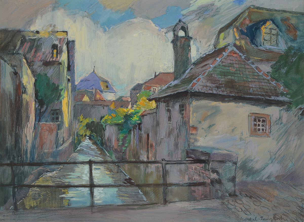 Adolf Merkel-Langkoch, geb. 1900 Schwetzingen, Blick auf den Speyerbach in Neustadt a.d. Weinstraße, Gouache/Papier, rechts unten signiert, unter PP ...