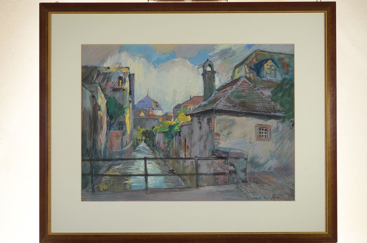 Detail k: Adolf Merkel-Langkoch, geb. 1900 Schwetzingen, Blick auf den Speyerbach in Neustadt a.d. Weinstraße, Gouache/Papier, rechts unten signiert, unter PP ...