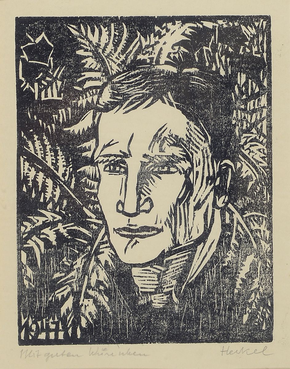 Erich Heckel, 1883 Döbeln - 1970 Radolfzell, Holzschnitt, Herrenporträt in floraler Rahmung mit Farn, bez. "Mit guten Wünschen", ...