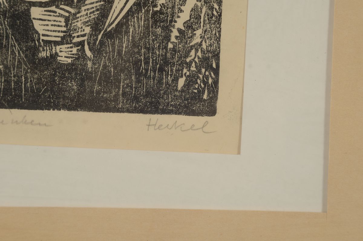 Detail a: Erich Heckel, 1883 Döbeln - 1970 Radolfzell, Holzschnitt, Herrenporträt in floraler Rahmung mit Farn, bez. "Mit guten Wünschen", ...