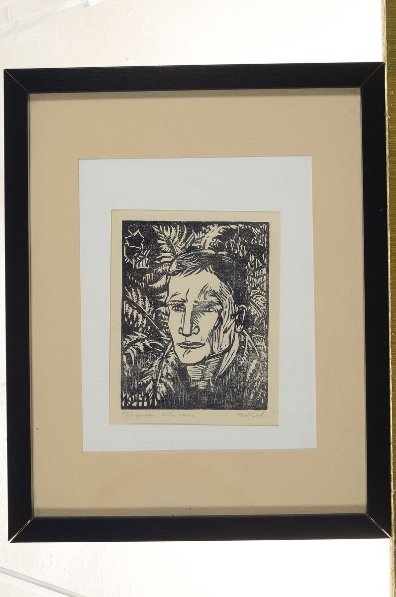 Detail k: Erich Heckel, 1883 Döbeln - 1970 Radolfzell, Holzschnitt, Herrenporträt in floraler Rahmung mit Farn, bez. "Mit guten Wünschen", ...