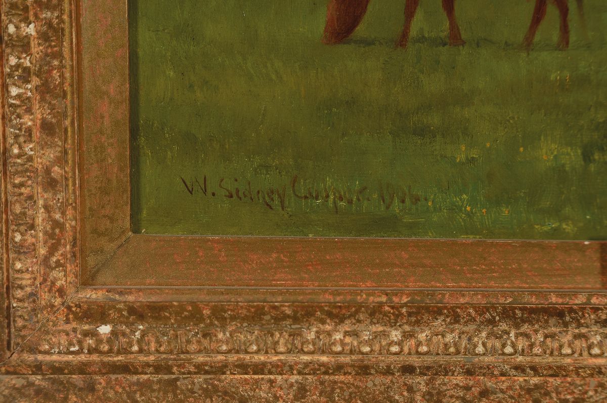 Detail a: William Sidney Cooper, 1854-1927, britischer Tier- und Landschaftsmaler der Region Kent, Ausstellungen in der Royal Academy, hier: Rinder auf ...