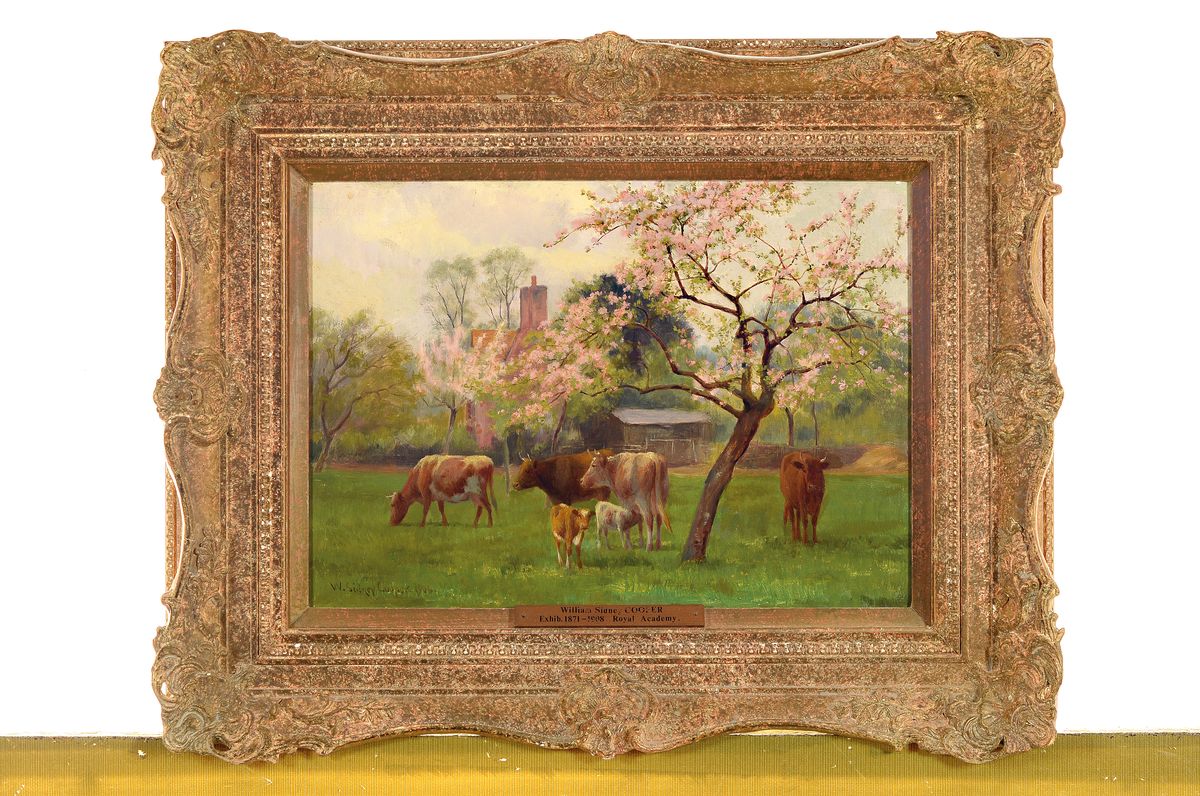 Detail k: William Sidney Cooper, 1854-1927, britischer Tier- und Landschaftsmaler der Region Kent, Ausstellungen in der Royal Academy, hier: Rinder auf ...