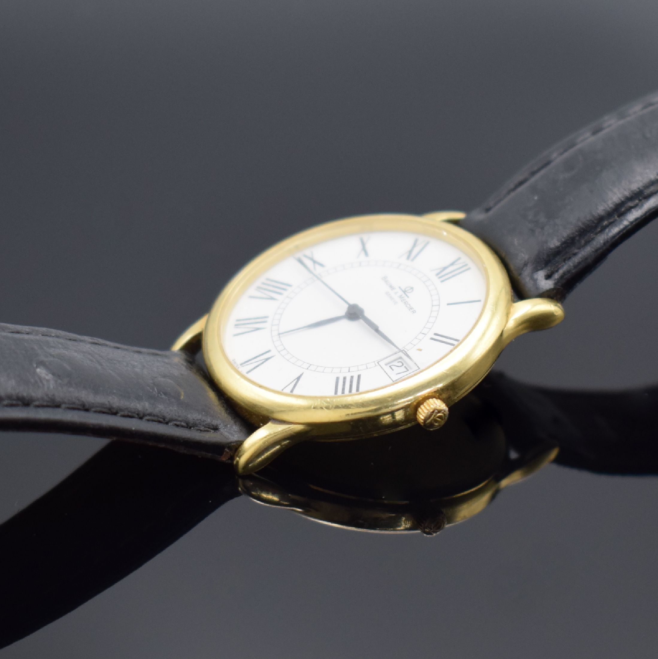 Detail b: BAUME & MERCIER Armbanduhr Classica Executives in GG 750/000 Referenz MV045077, Schweiz um 2005, quarz, Boden aufgedr., emailfarb. Zifferbl. m. röm. ...